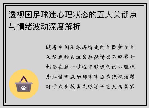透视国足球迷心理状态的五大关键点与情绪波动深度解析