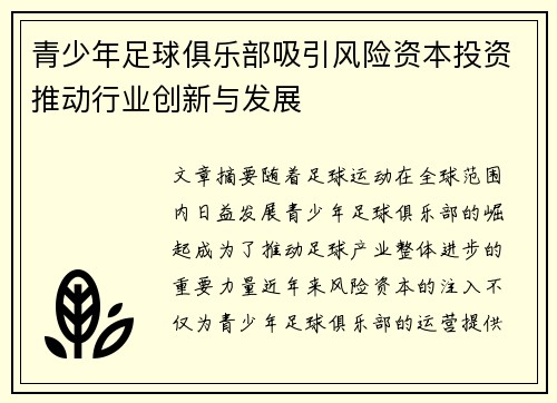 青少年足球俱乐部吸引风险资本投资推动行业创新与发展