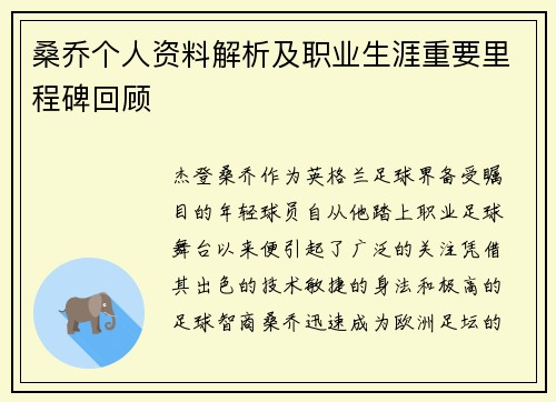 桑乔个人资料解析及职业生涯重要里程碑回顾